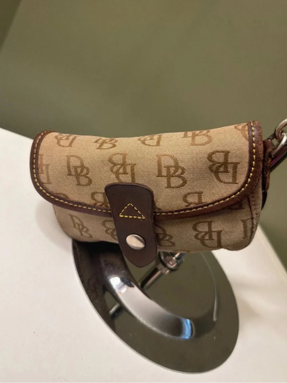 Dooney & Bourke Tan Brown Signature Monogram Mini Wristlet Leather Strap & Trim